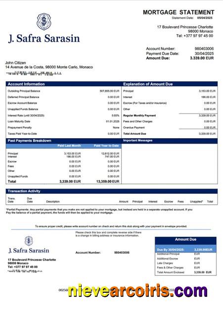 Monaco Banque J. Safra (Monaco) mortgage statement Word and PDF template